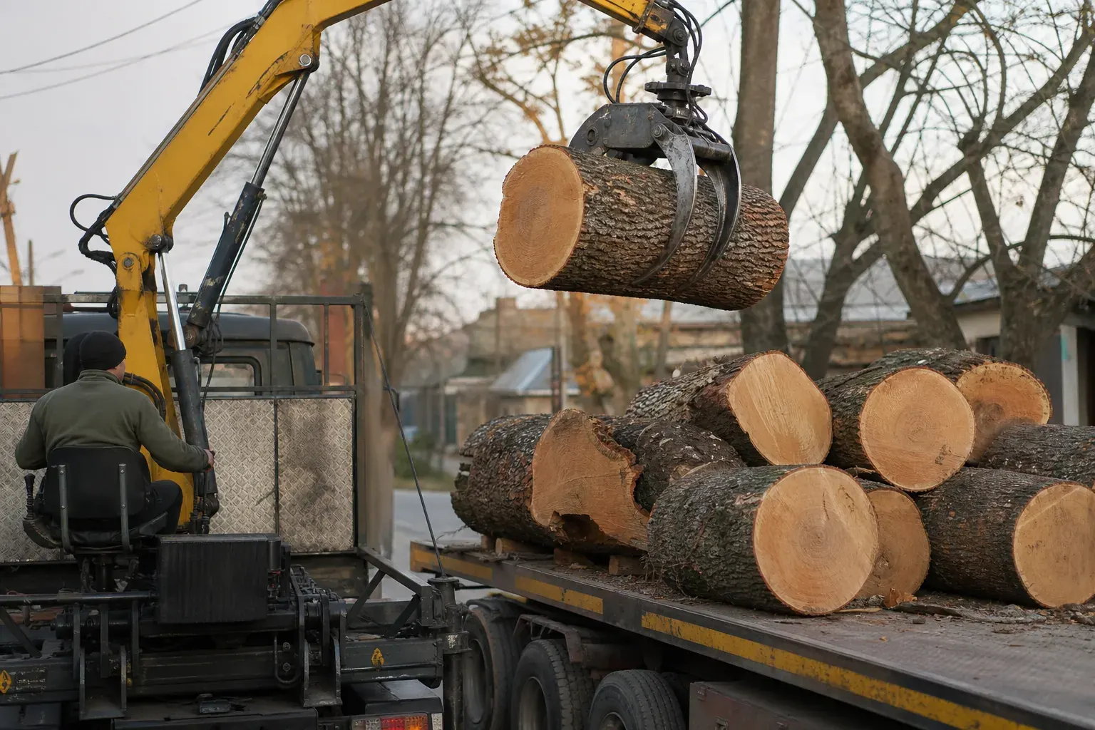 Camion grue chargeant des tronçons de bois sur une remorque