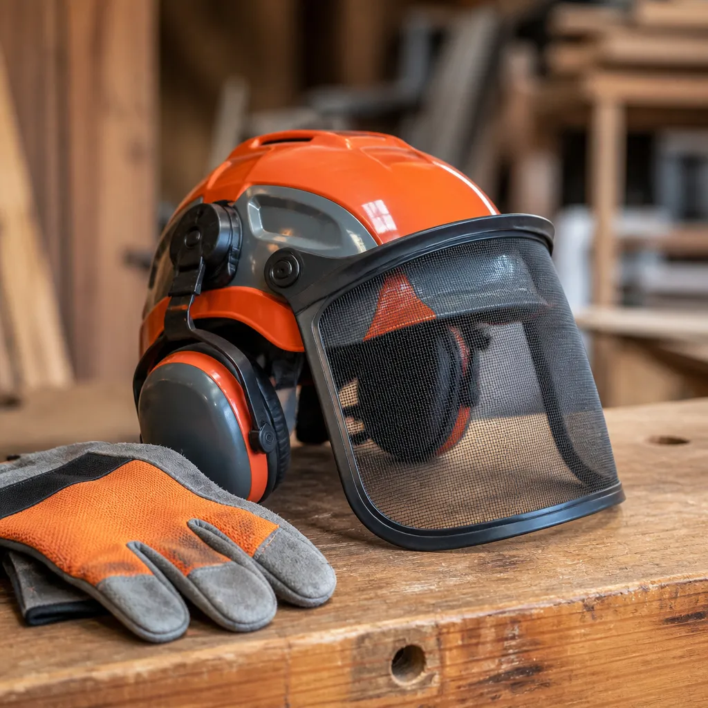 Casque forestier avec visière grillagée posé sur un établi, gants anti-coupure à côté