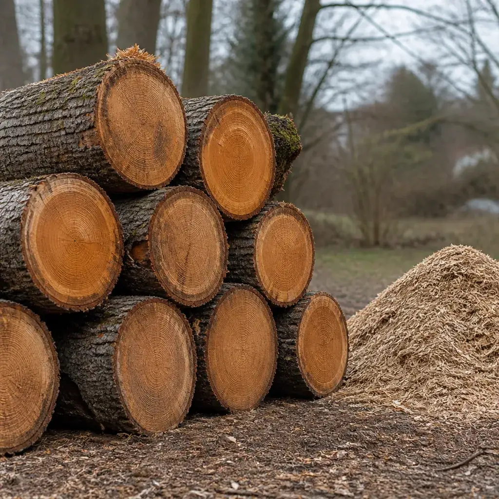 Tas de rondins de bois coupé à côté d’un petit tas de copeaux