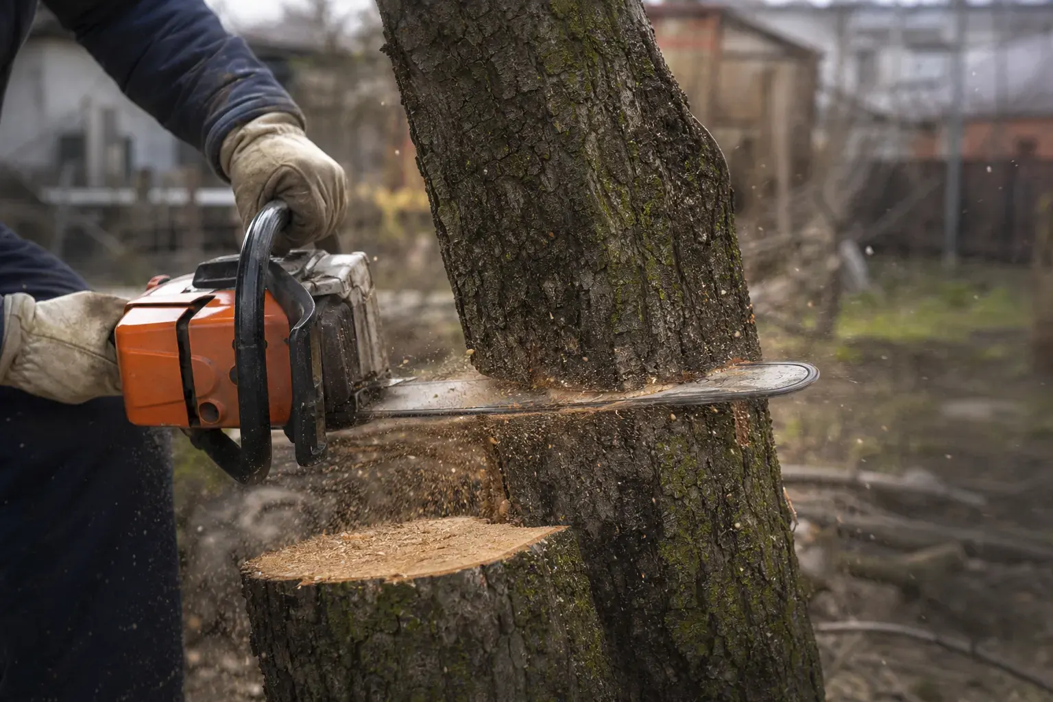 Tronçonneuse en action sur un tronc, copeaux de bois projetés